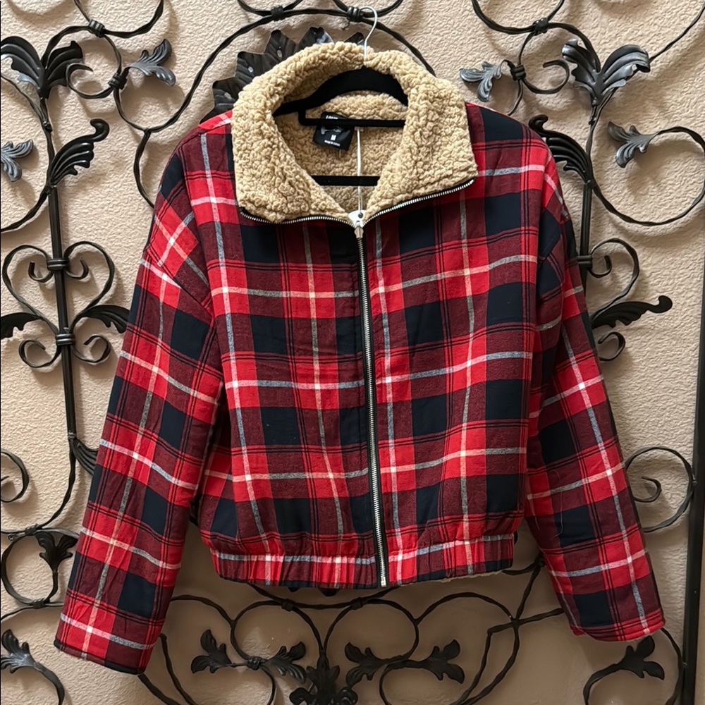 NWT LOVE JOY Cozy Red and Black Plaid Teddy Jacket with Sherpa Lining Size M